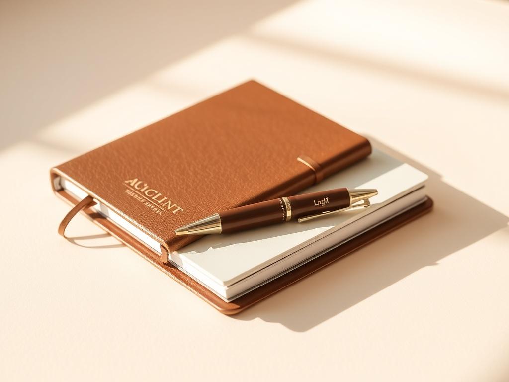 A close-up shot of an elegant premium corporate gift set displayed on a simple, clean background. The gift set includes a high-quality custom pen, a sleek notebook, and a stylish tech gadget, all arranged neatly together. Soft, natural light enhances the textures and colors of the products, creating an inviting and sophisticated atmosphere. The composition focuses solely on the gift set without any distractions, allowing the viewer to appreciate the quality and detail of the items.