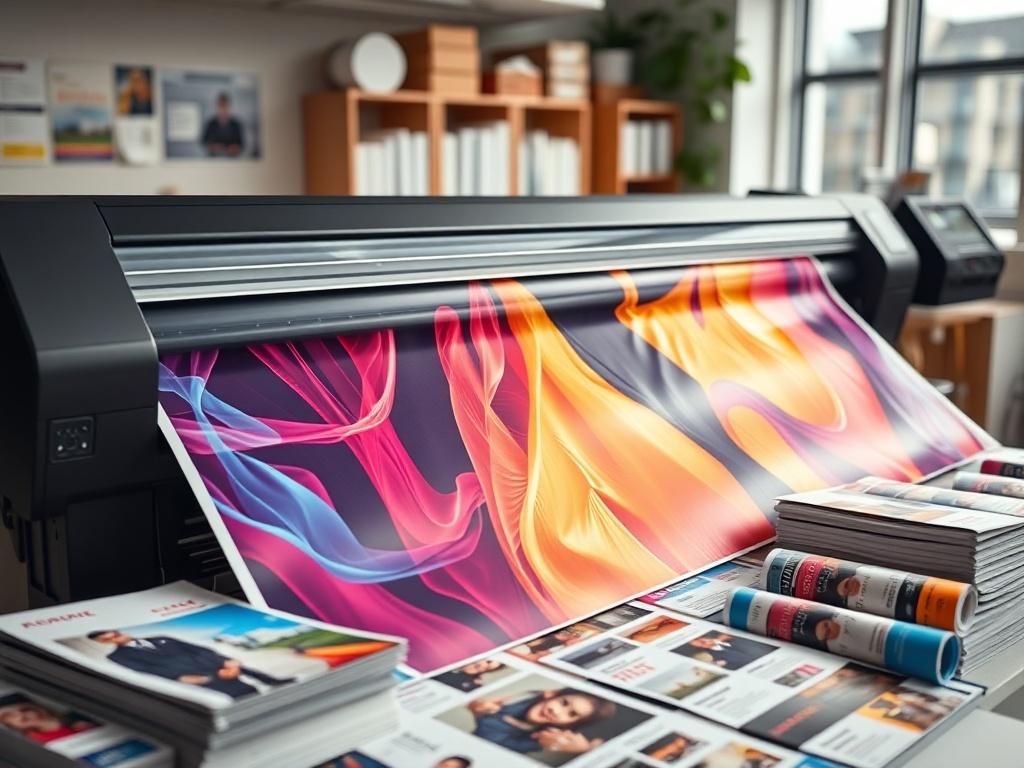 A hyper-realistic close-up of a large-format printer in action, producing a vibrant banner. The focus is on the printer's output, showcasing vivid colors and intricate details. Surrounding the printer are various printed materials like brochures and flyers, with a clean, organized workspace in the background. The lighting highlights the textures of the printed materials, emphasizing the quality of the printing process.