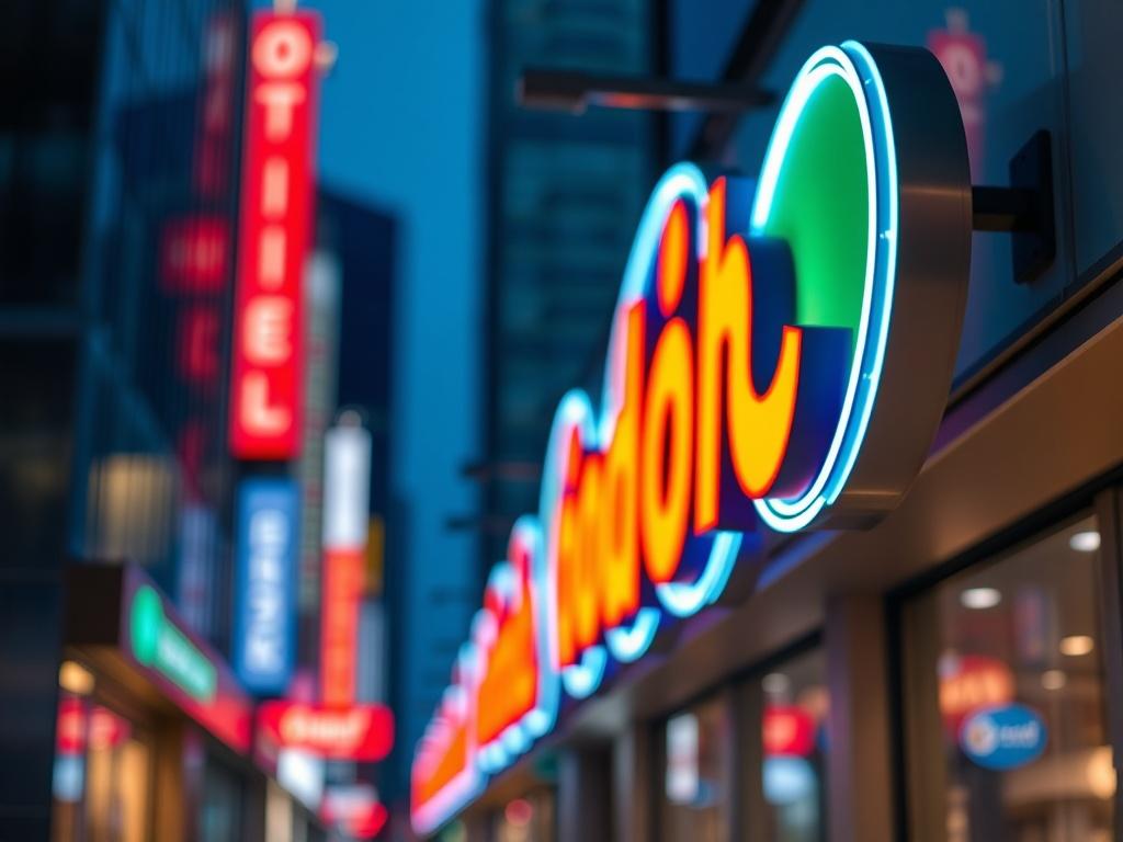 A realistic high-resolution photo showcasing a vibrant outdoor signage installation. The focus should be on a well-designed, illuminated sign that is creatively shaped and visually appealing. The background should be a blurred urban setting, emphasizing the sign as the main subject. The colors should be vivid, highlighting the RGB(50, 170, 39) primary color, with a shallow depth of field effect to draw attention to the sign. The image should capture the essence of modern signage solutions.